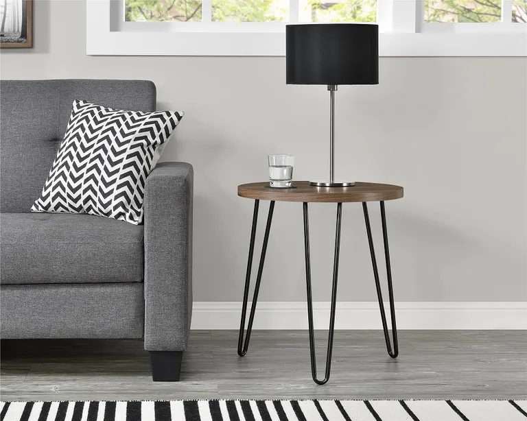 Ameriwood Home Owen Retro Round End Table – Florence Walnut Woodgrain Side Table with Metal Hairpin Legs