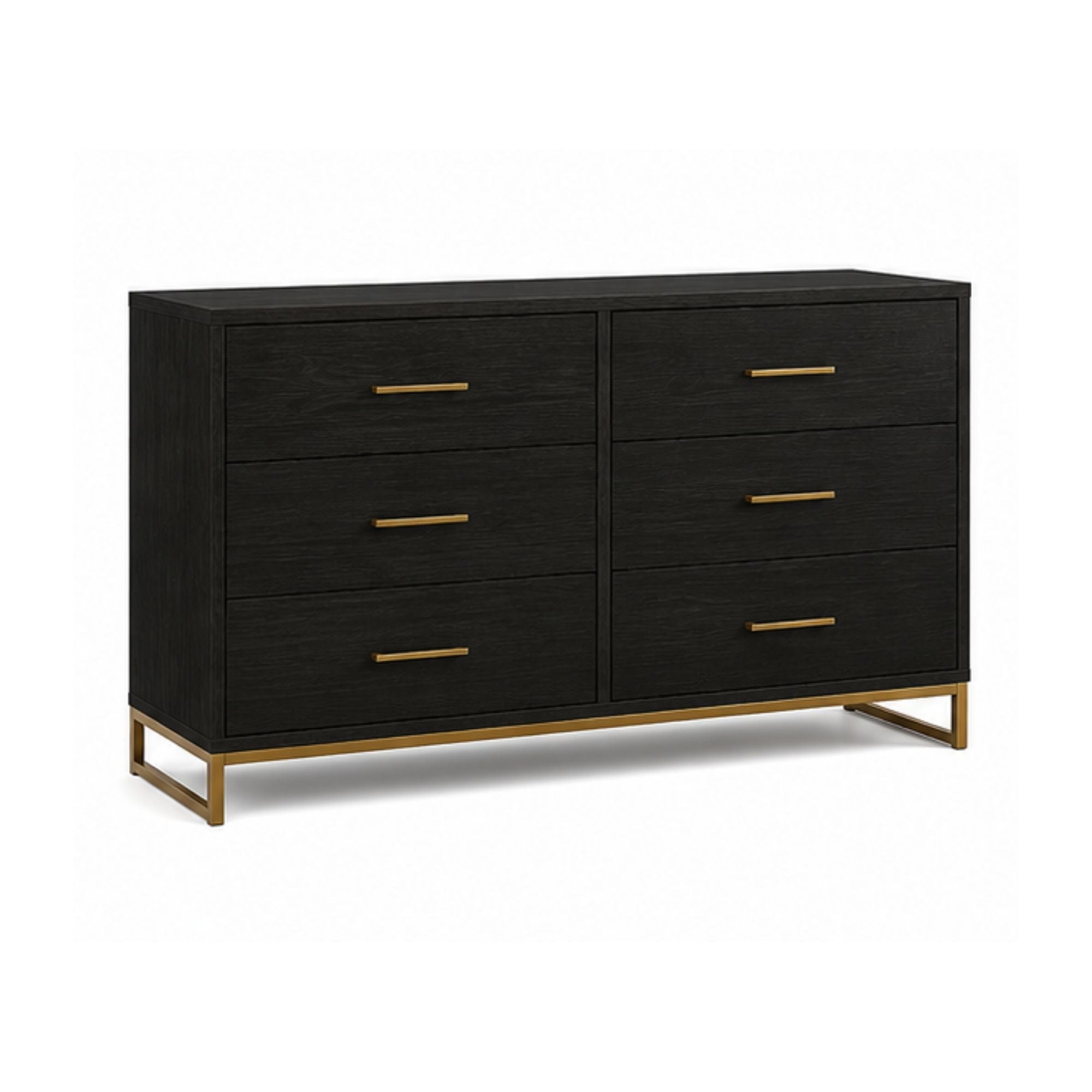 Black Wood Six Drawer Dresser with Gold Tone Metal Legs