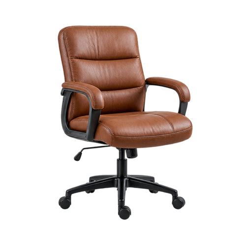 Brown Upholstered Office Chair with Wooden Arms and Castor Base