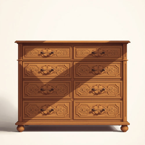 Carved Wooden Tall Chest with Decorative Six Drawer Fronts