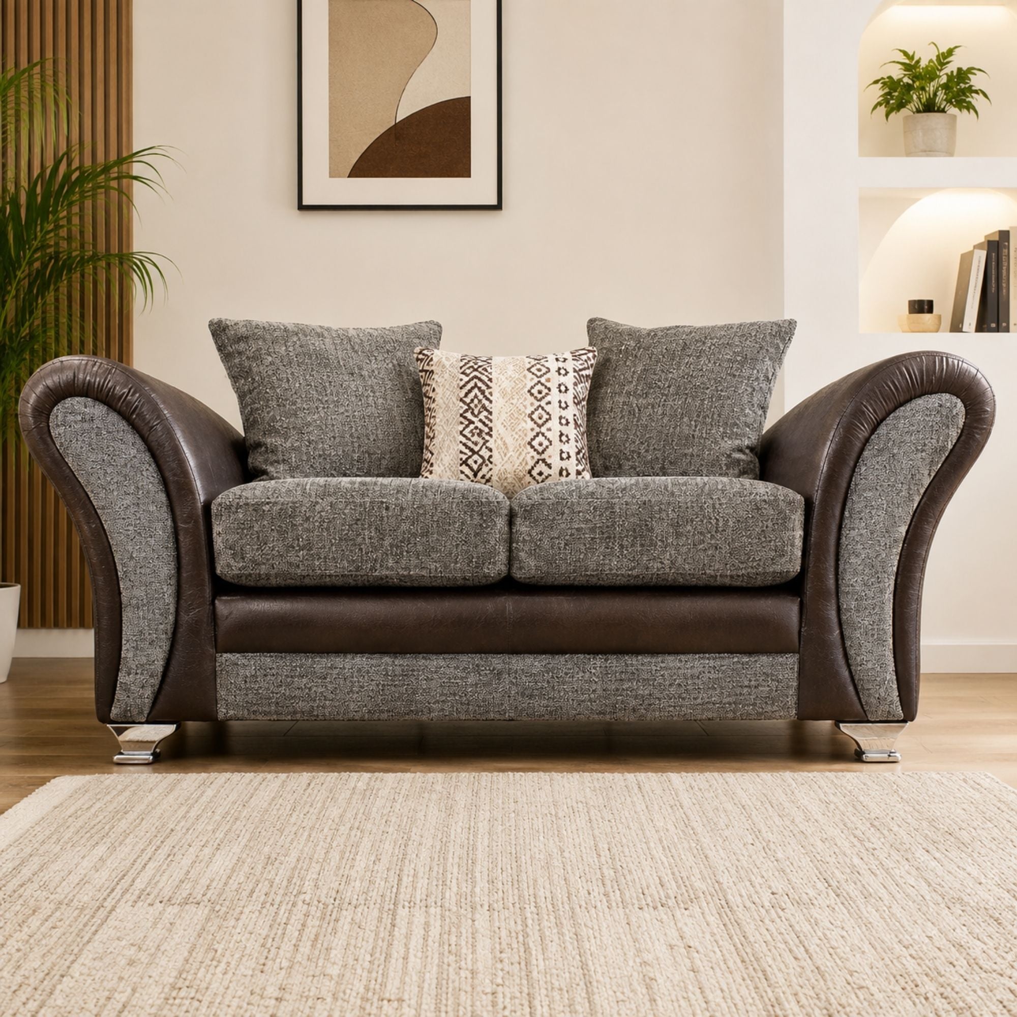 Charcoal Fabric Sofa with Curved Arms and Button Detail