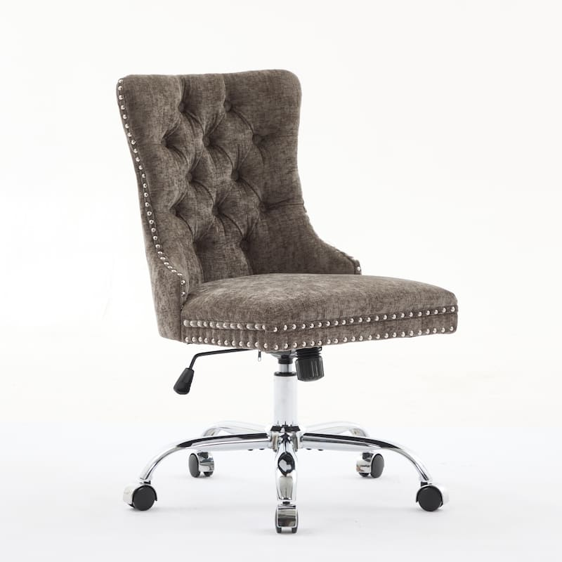 Chenille Tufted Swivel Office Chair Light Blue – Adjustable Vanity Desk Chair with Metal Base