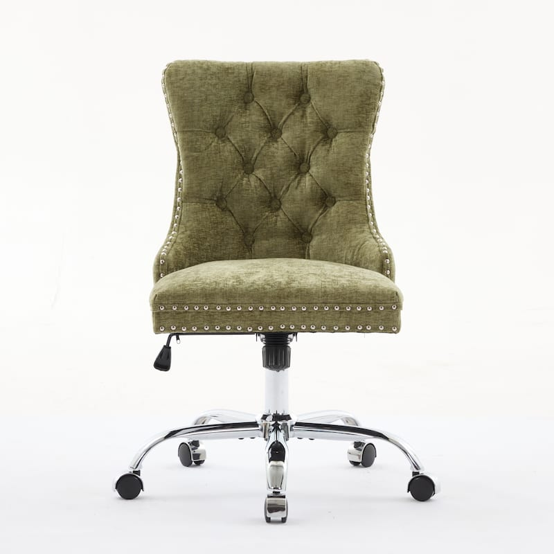 Chenille Tufted Swivel Office Chair Light Blue – Adjustable Vanity Desk Chair with Metal Base