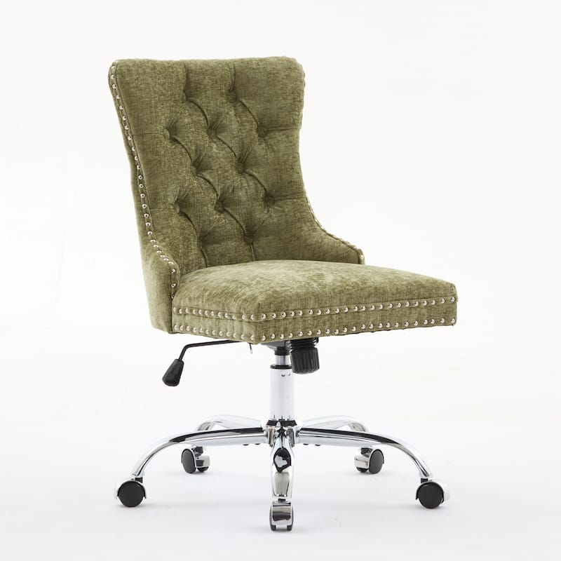 Chenille Tufted Swivel Office Chair Light Blue – Adjustable Vanity Desk Chair with Metal Base