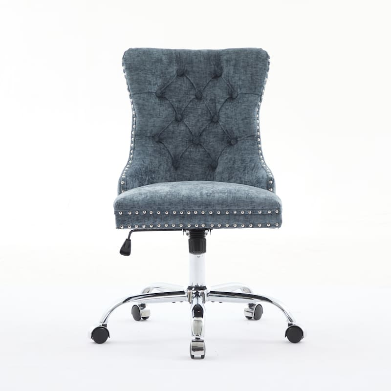 Chenille Tufted Swivel Office Chair Light Blue – Adjustable Vanity Desk Chair with Metal Base