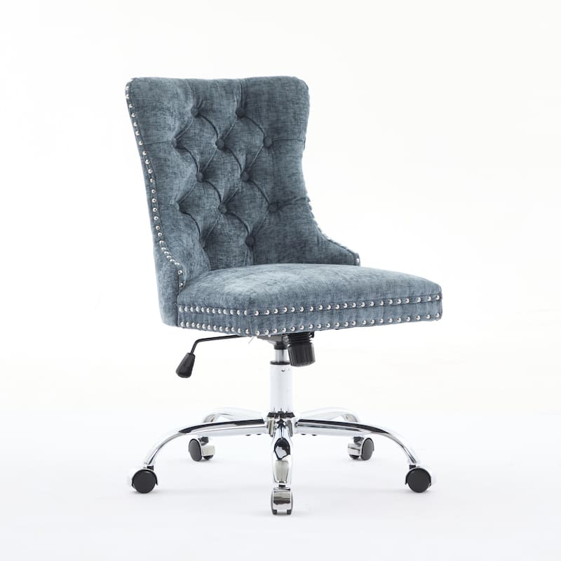 Chenille Tufted Swivel Office Chair Light Blue – Adjustable Vanity Desk Chair with Metal Base