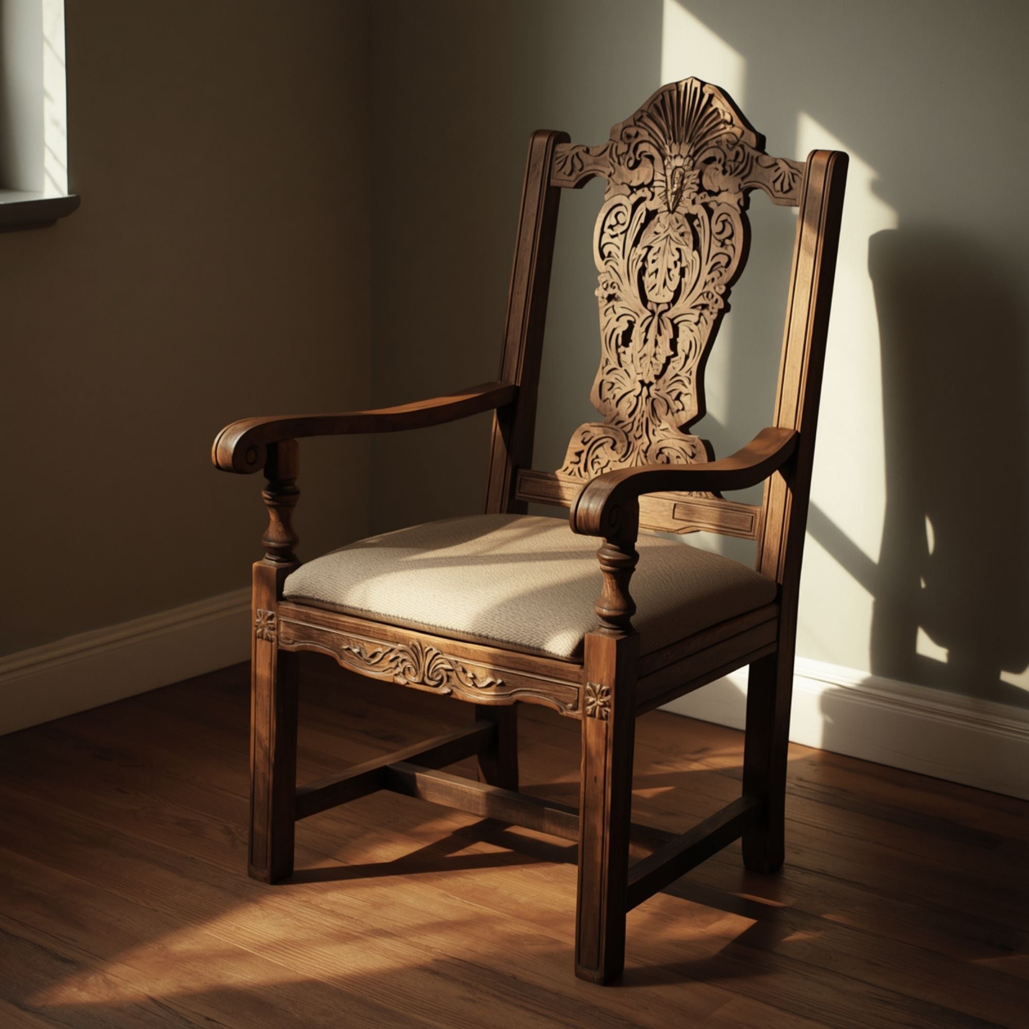 Classic Carved Wooden Armchair with Padded Seat and Back