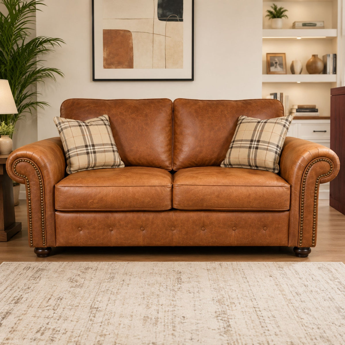 Cognac Brown Rolled Arm Sofa with Piped Cushions