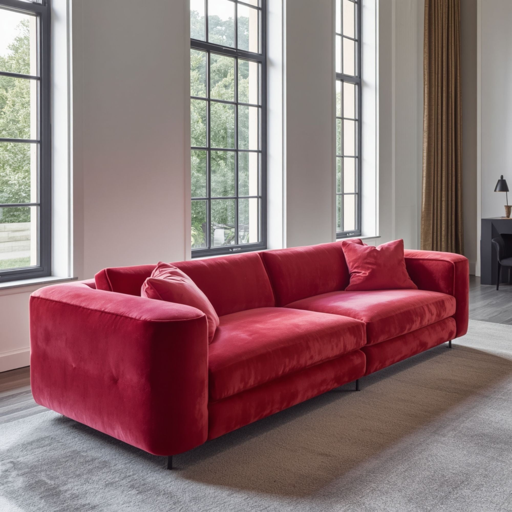 Contemporary Crimson Velvet Three Seat Sofa with Wide Cushions