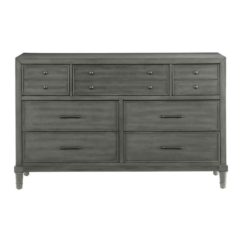 7 Drawer Wood Dresser Grey – Bedroom Storage Chest with Bronze Handles (58 Inch)
