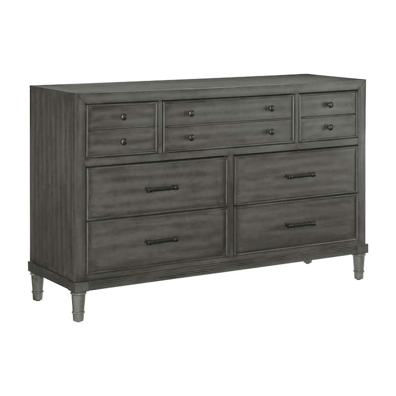 7 Drawer Wood Dresser Grey – Bedroom Storage Chest with Bronze Handles (58 Inch)