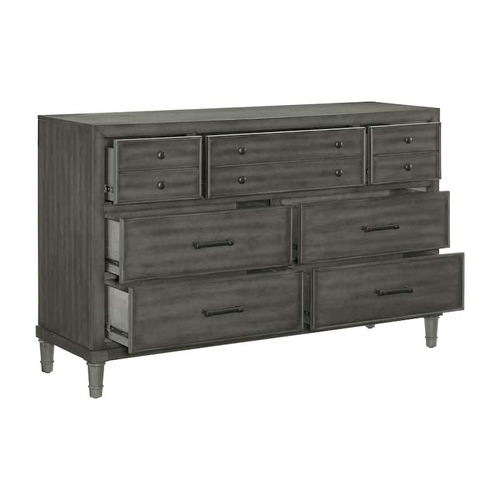 7 Drawer Wood Dresser Grey – Bedroom Storage Chest with Bronze Handles (58 Inch)