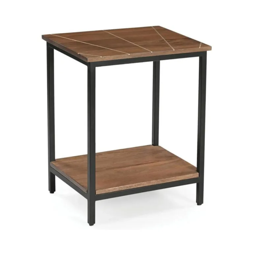 Fowey Mango Wood Side Table Brown – Solid Wood End Table with Brass Inlay & Metal Legs