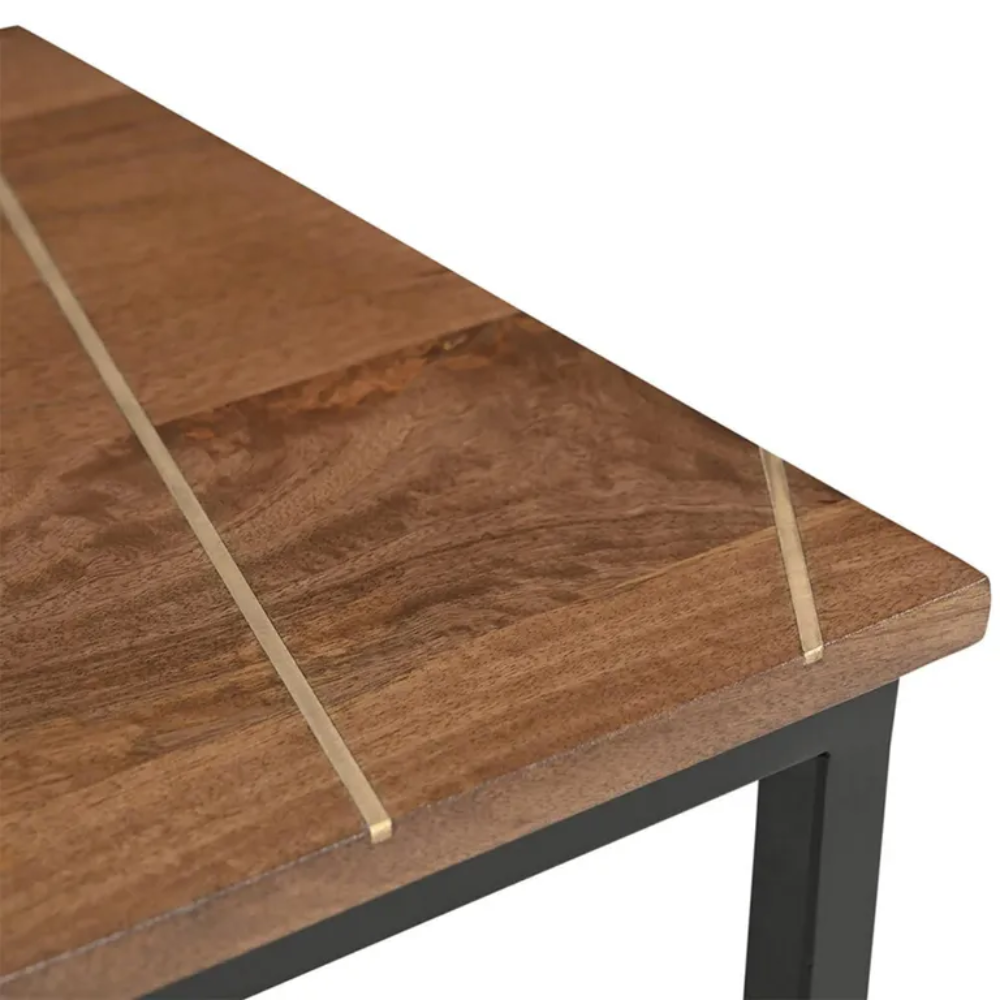 Fowey Mango Wood Side Table Brown – Solid Wood End Table with Brass Inlay & Metal Legs