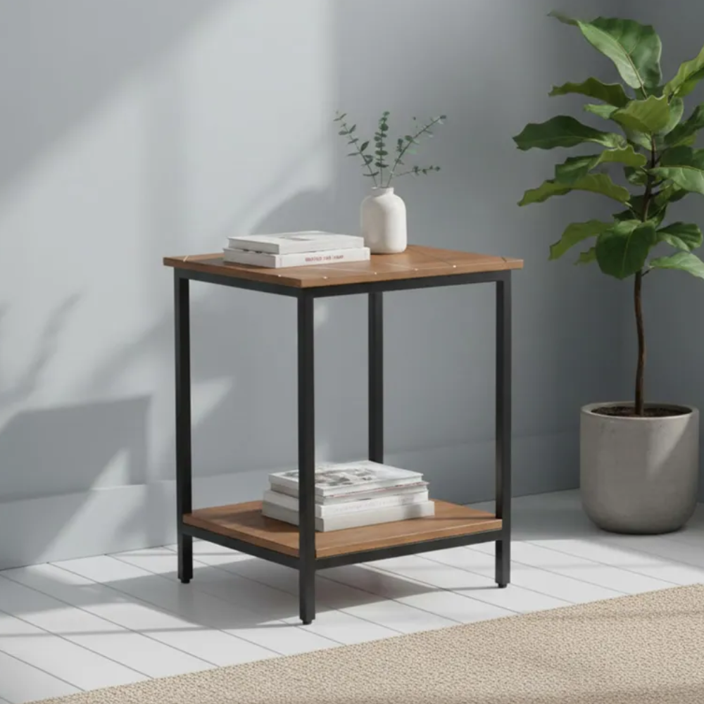 Fowey Mango Wood Side Table Brown – Solid Wood End Table with Brass Inlay & Metal Legs