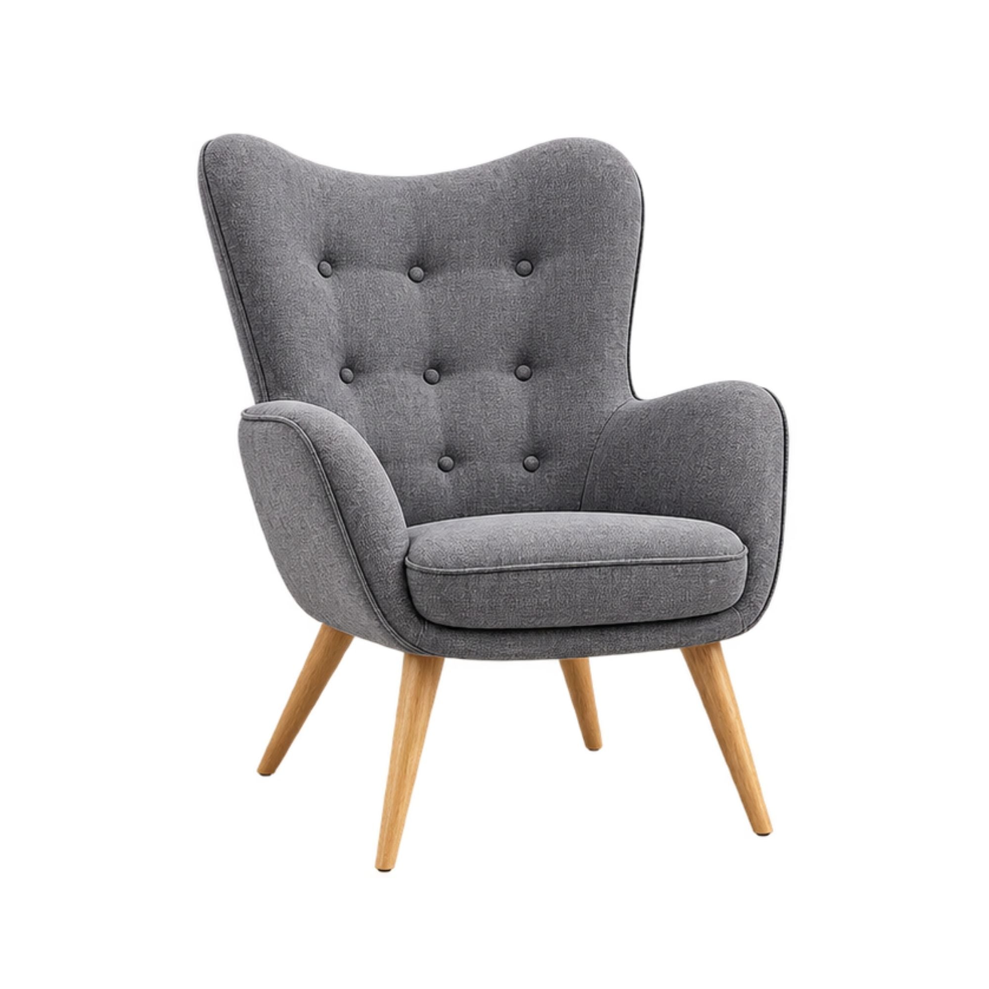 Grey Wingback Armchair with Button Tufting and Wooden Legs