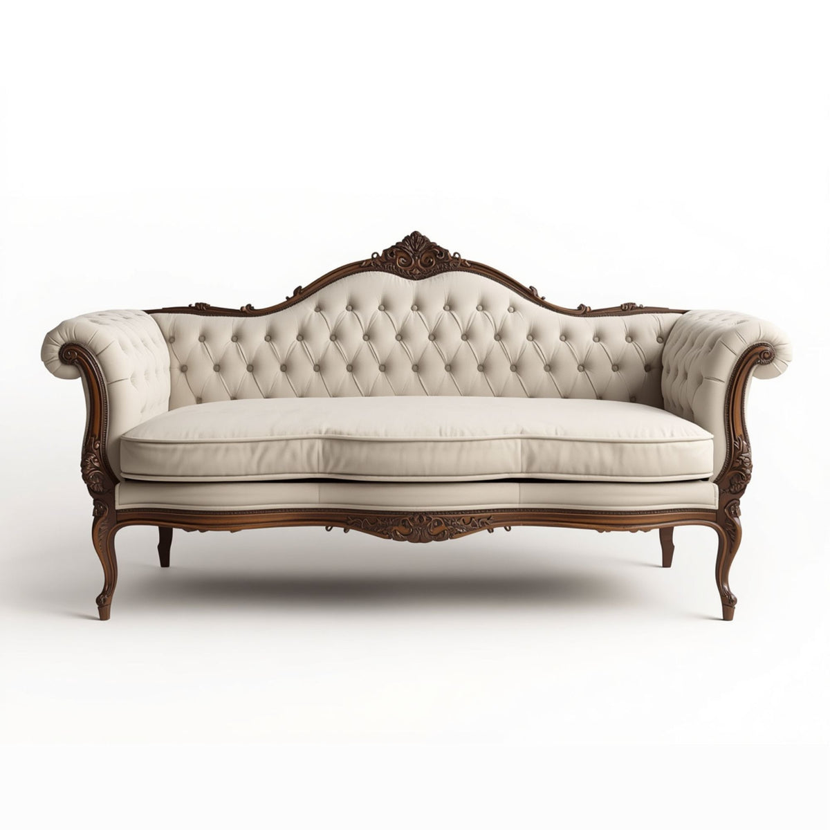 Ivory Chesterfield Style Sofa with Carved Wooden Frame