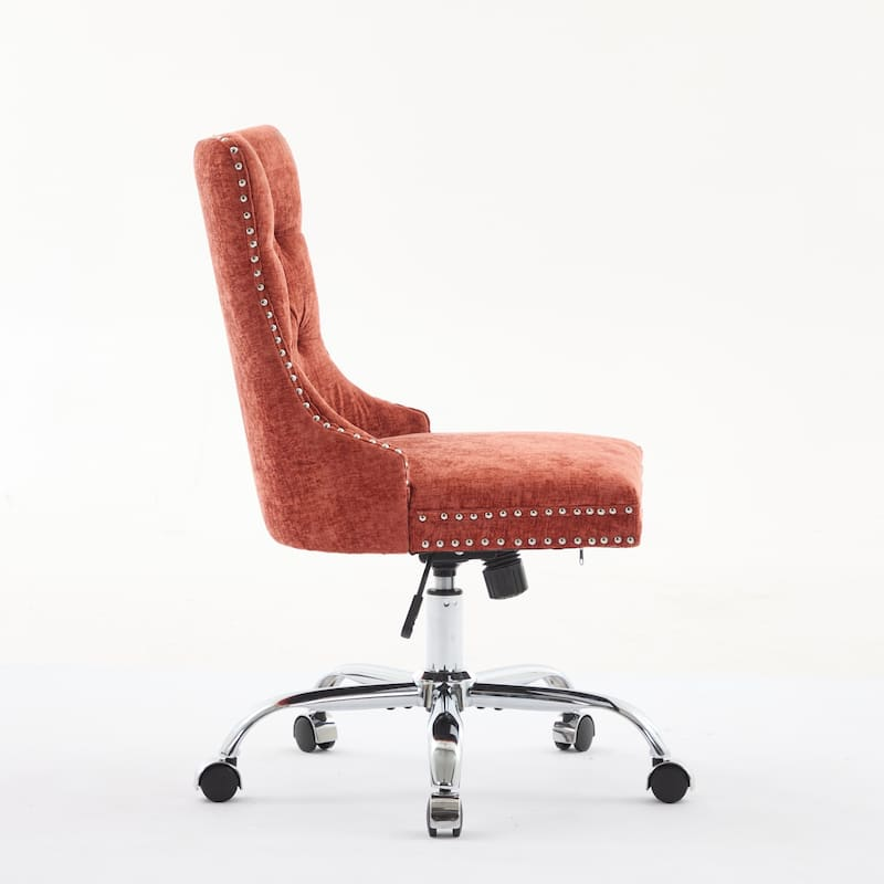 Luxury Orange Suede Office Chair with Adjustable Height, Tufted Back, Metal Base – Glam Traditional Desk Chair
