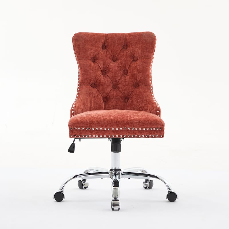 Luxury Orange Suede Office Chair with Adjustable Height, Tufted Back, Metal Base – Glam Traditional Desk Chair