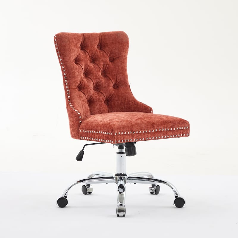 Luxury Orange Suede Office Chair with Adjustable Height, Tufted Back, Metal Base – Glam Traditional Desk Chair