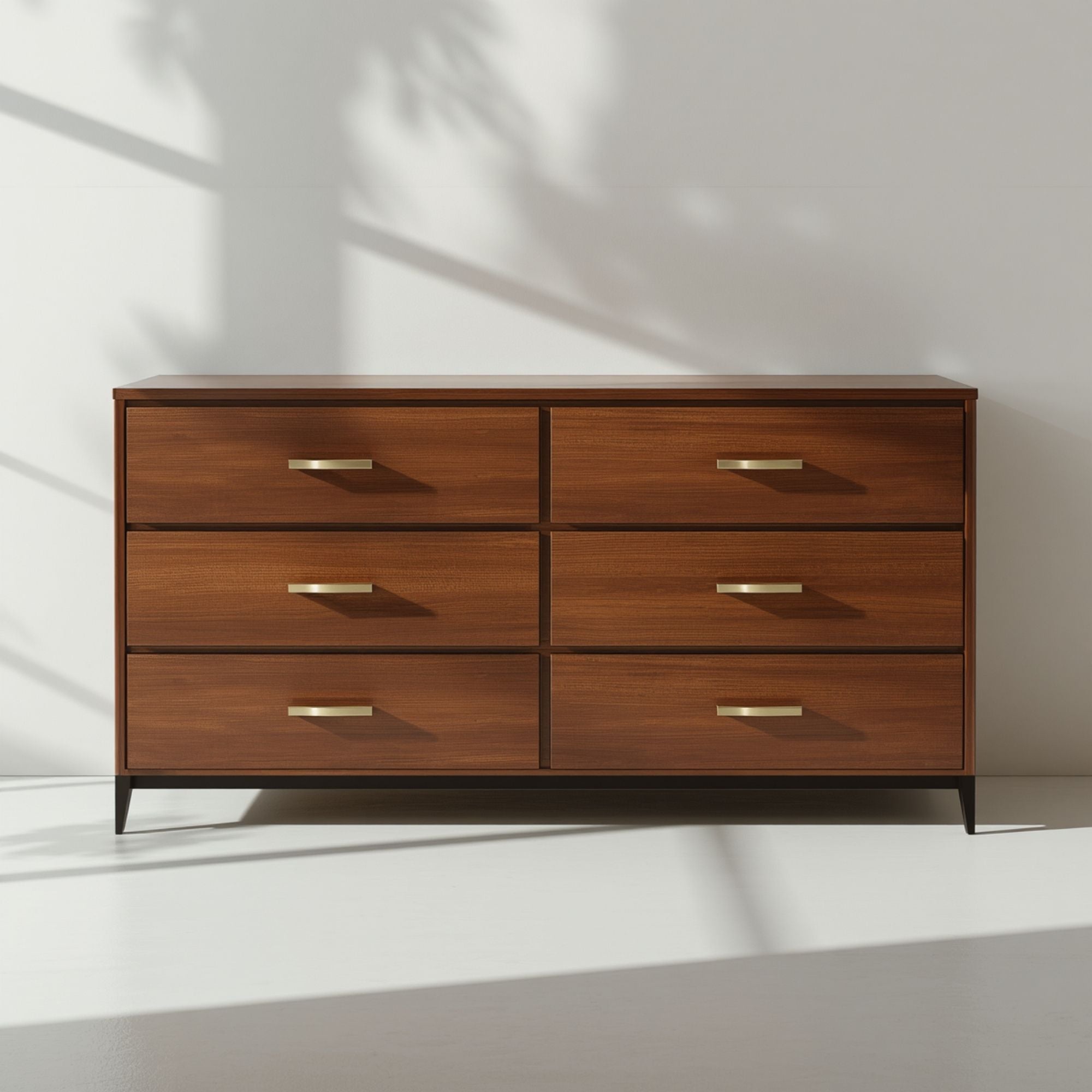 Mid Century Brown Six Drawer Dresser with Brass Tone Handles