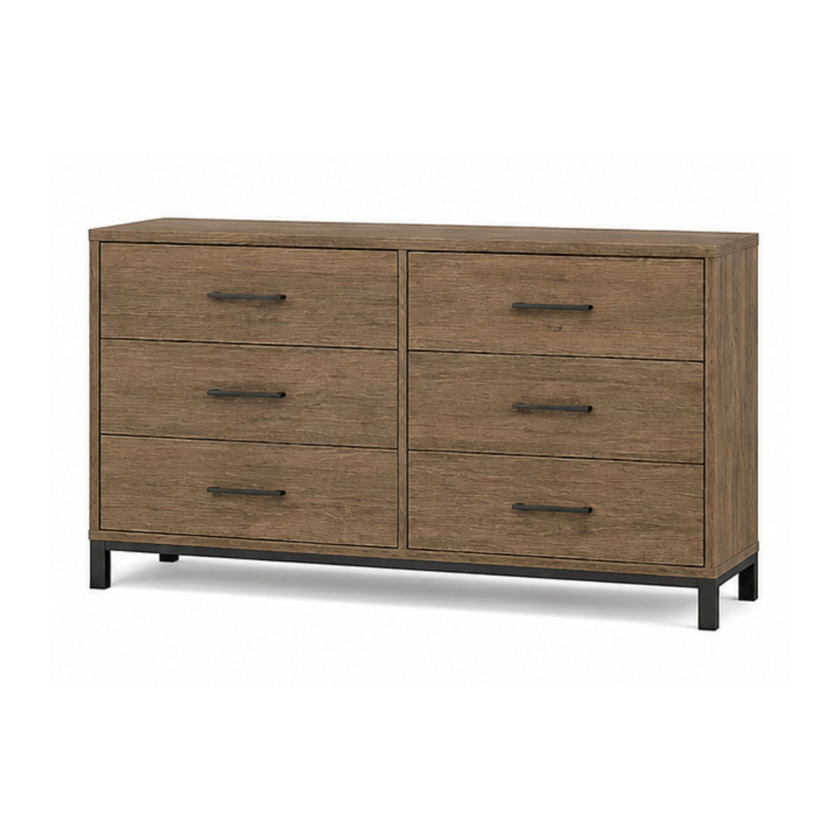 Natural Oak Effect Six Drawer Dresser with Slim Black Handles