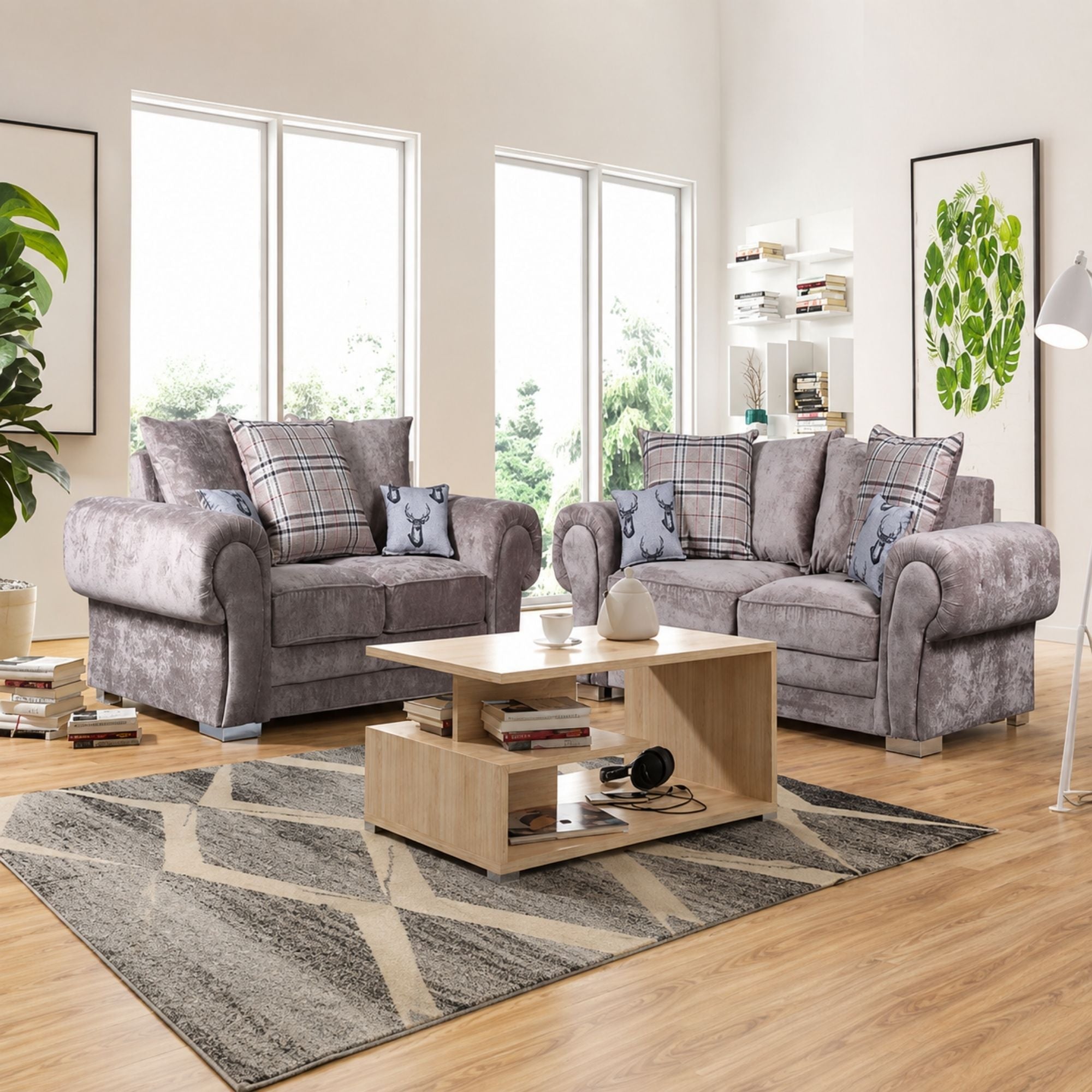 Neutral Grey Fabric Three Piece Sofa Set with Accent Cushions