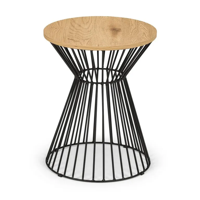 Round Industrial Lamp Table with Oak Effect Top & Black Metal Frame – Modern Side Table 40cm
