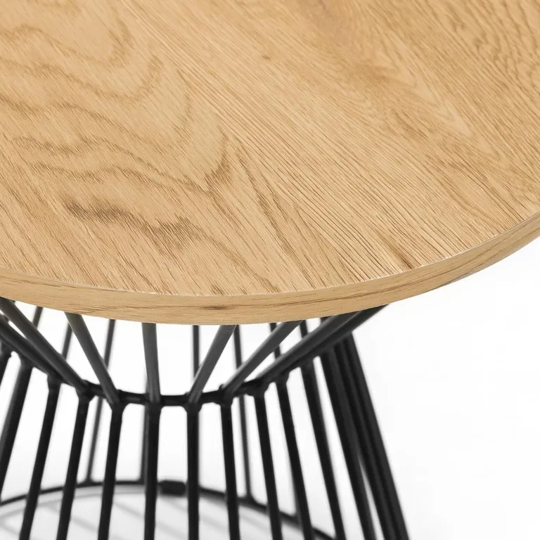 Round Industrial Lamp Table with Oak Effect Top & Black Metal Frame – Modern Side Table 40cm