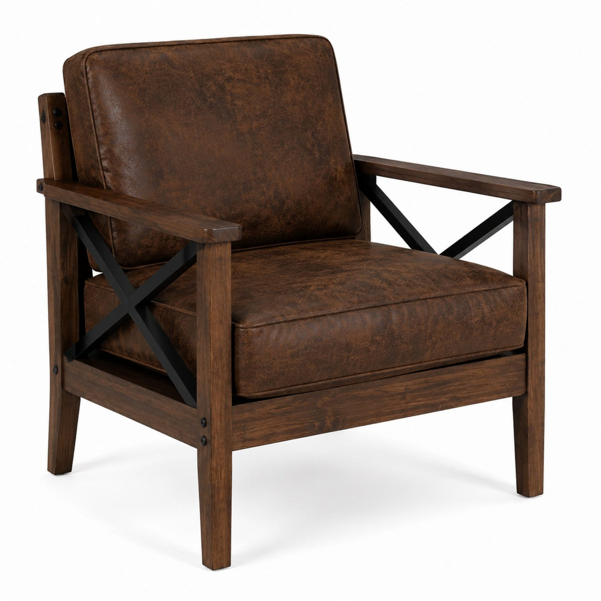 Rustic Brown Armchair with Wooden Frame and Cross Back Supports