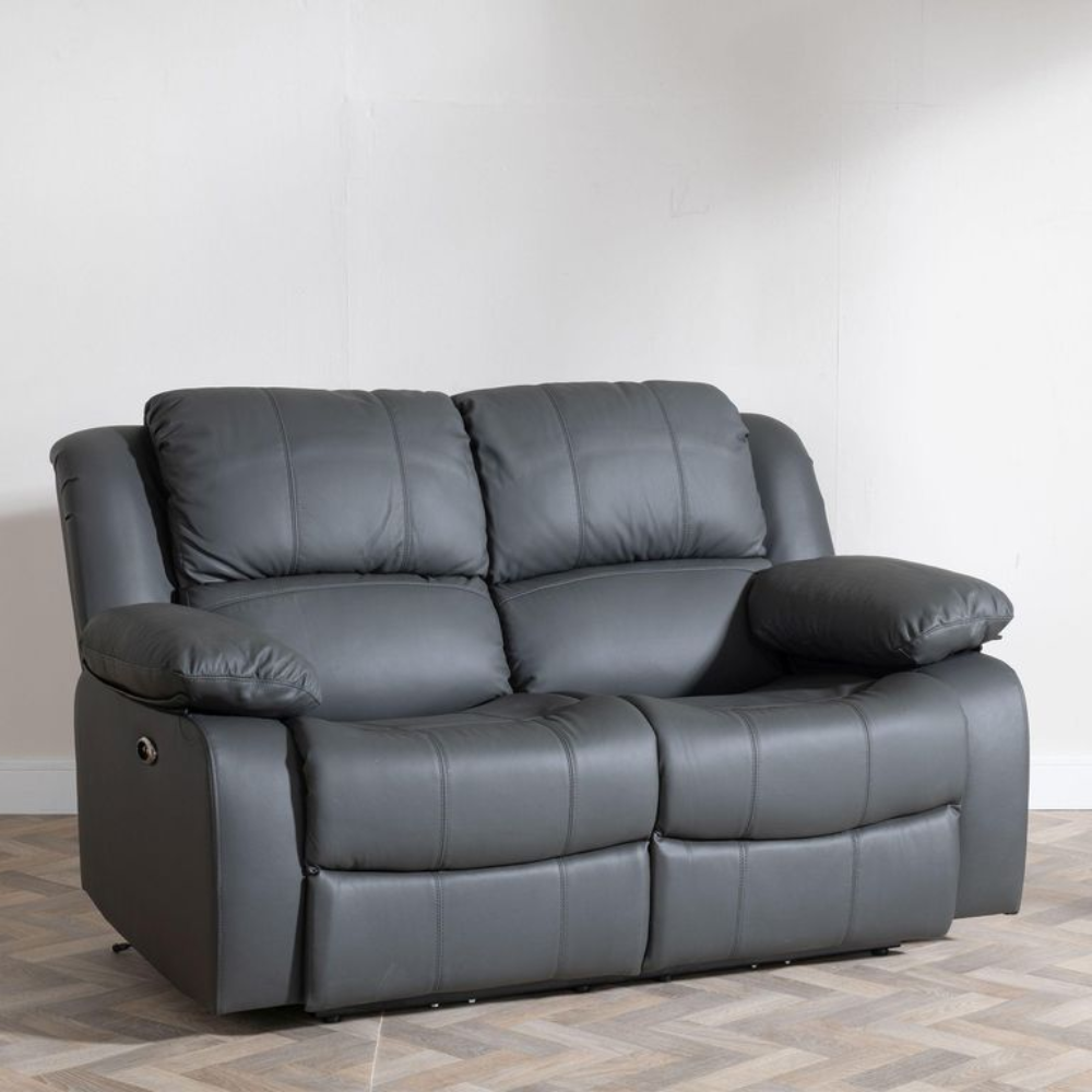 London 2 Seater Recliner Sofa Grey – Leather Reclining Couch with Dual Recline Function