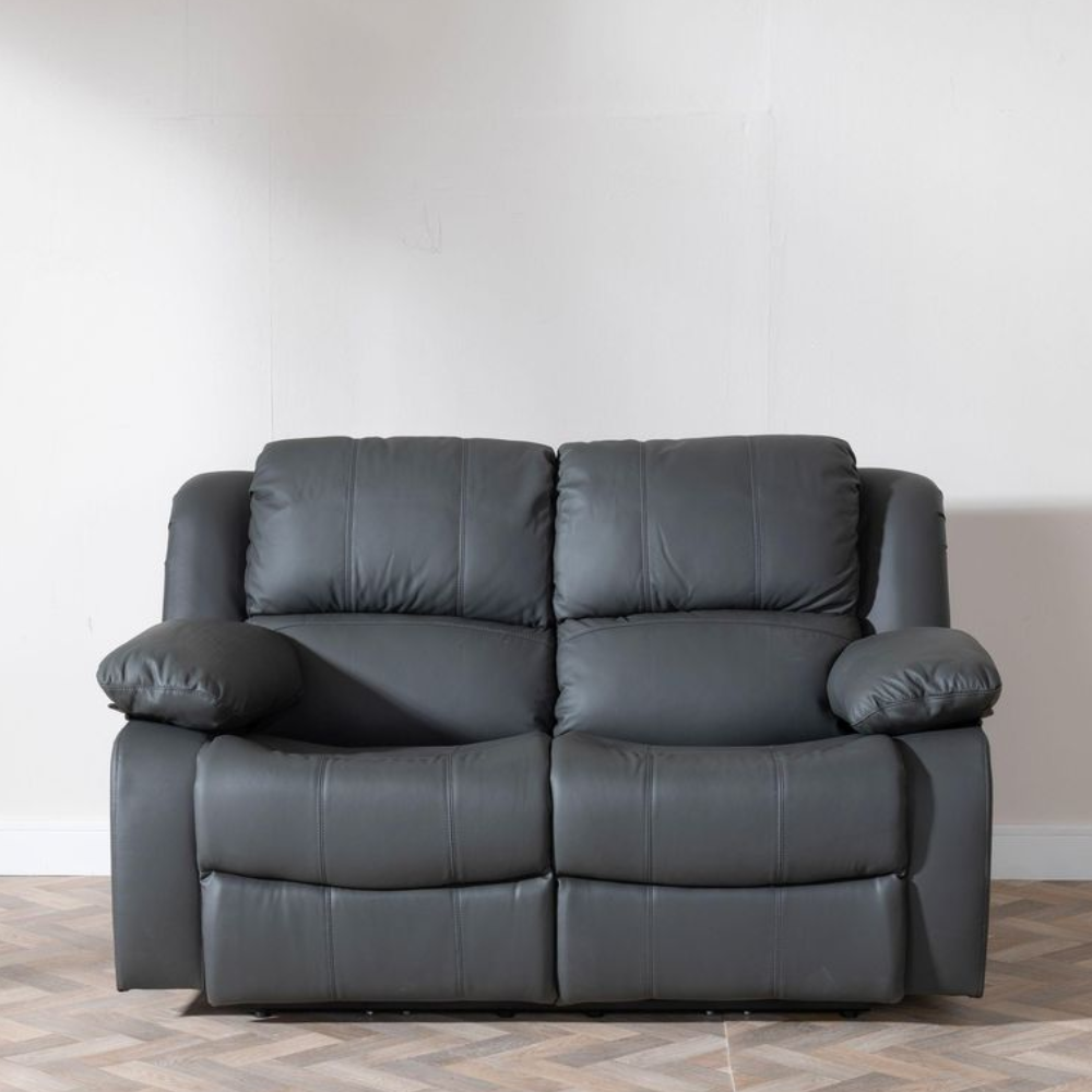 London 2 Seater Recliner Sofa Grey – Leather Reclining Couch with Dual Recline Function