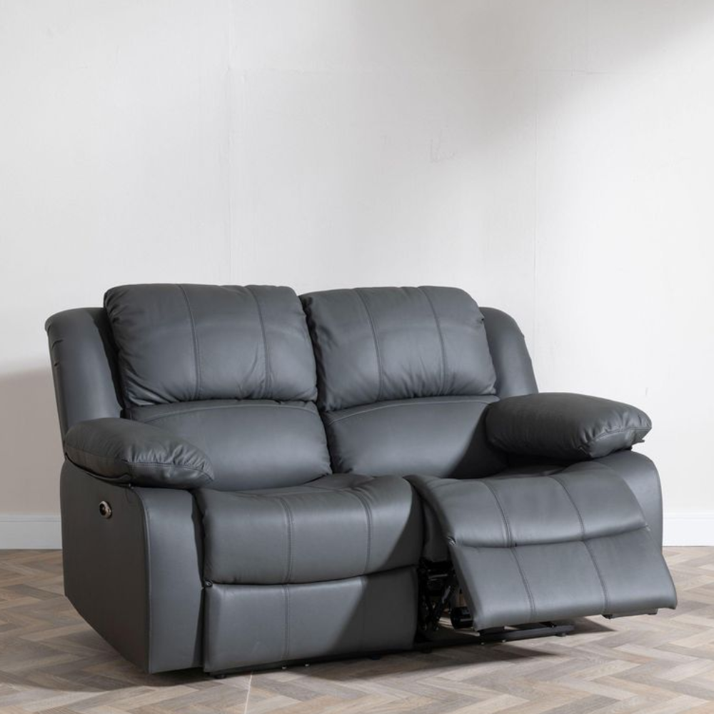 London 2 Seater Recliner Sofa Grey – Leather Reclining Couch with Dual Recline Function