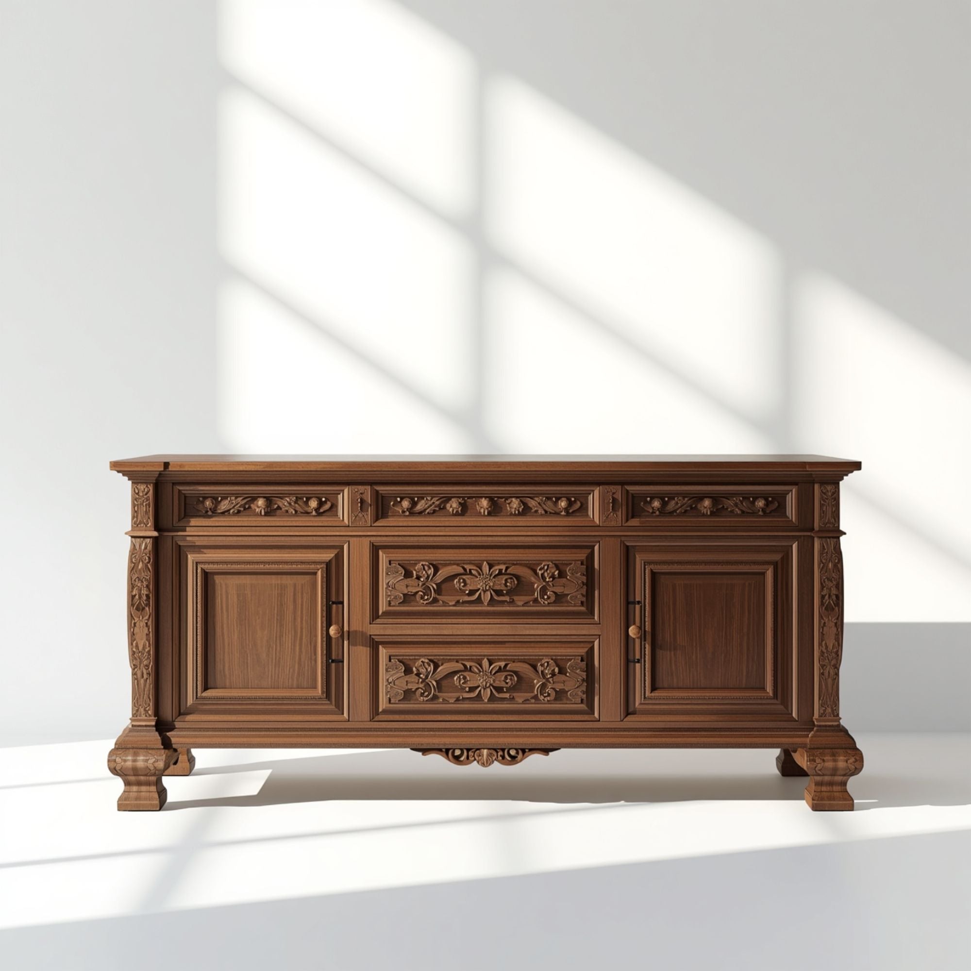 Traditional Carved Wooden Sideboard with Six Storage Drawers