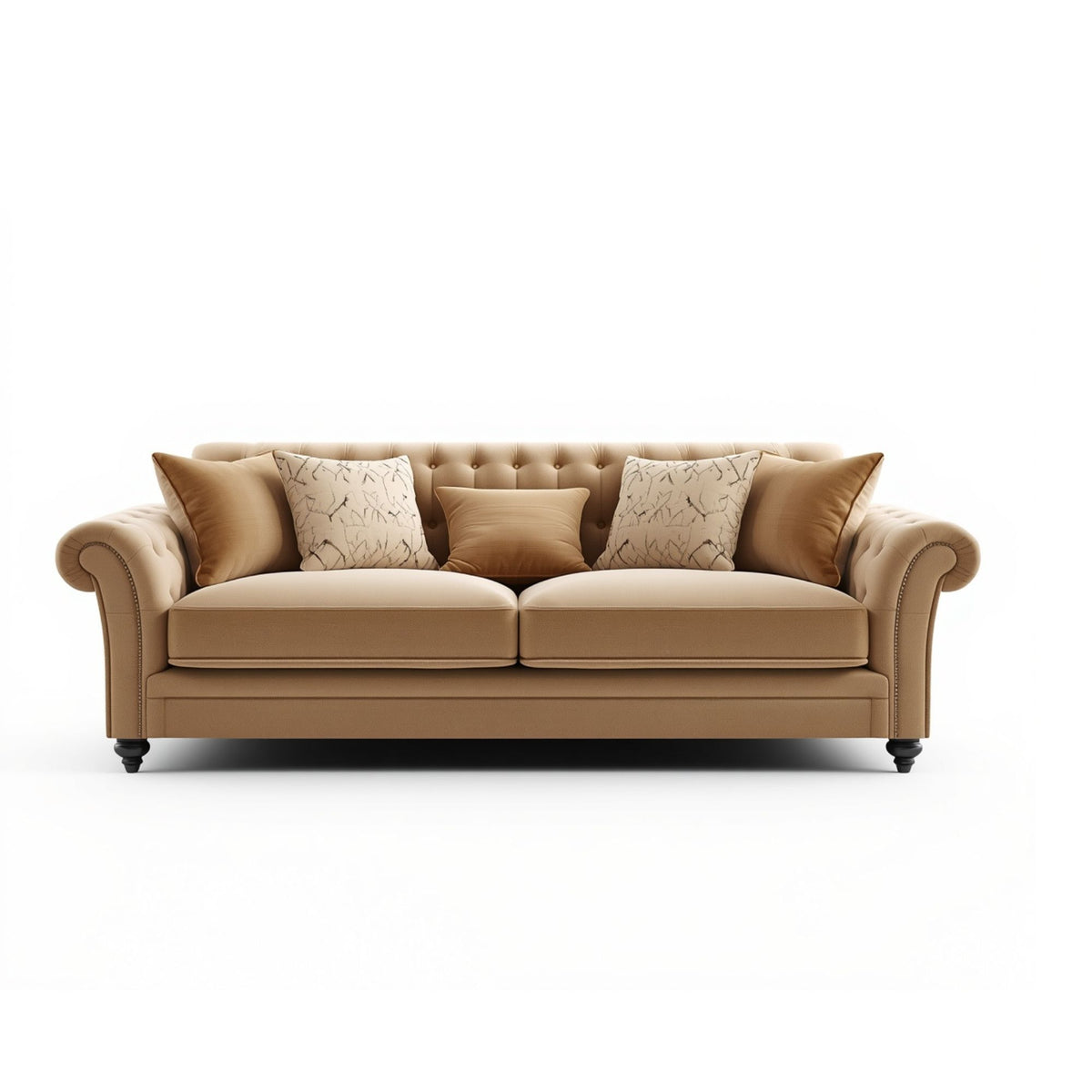 Tufted Beige Roll Arm Sofa with Deep Cushioned Seating