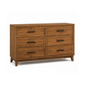 Warm Oak Six Drawer Wooden Dresser with Tapered Legs