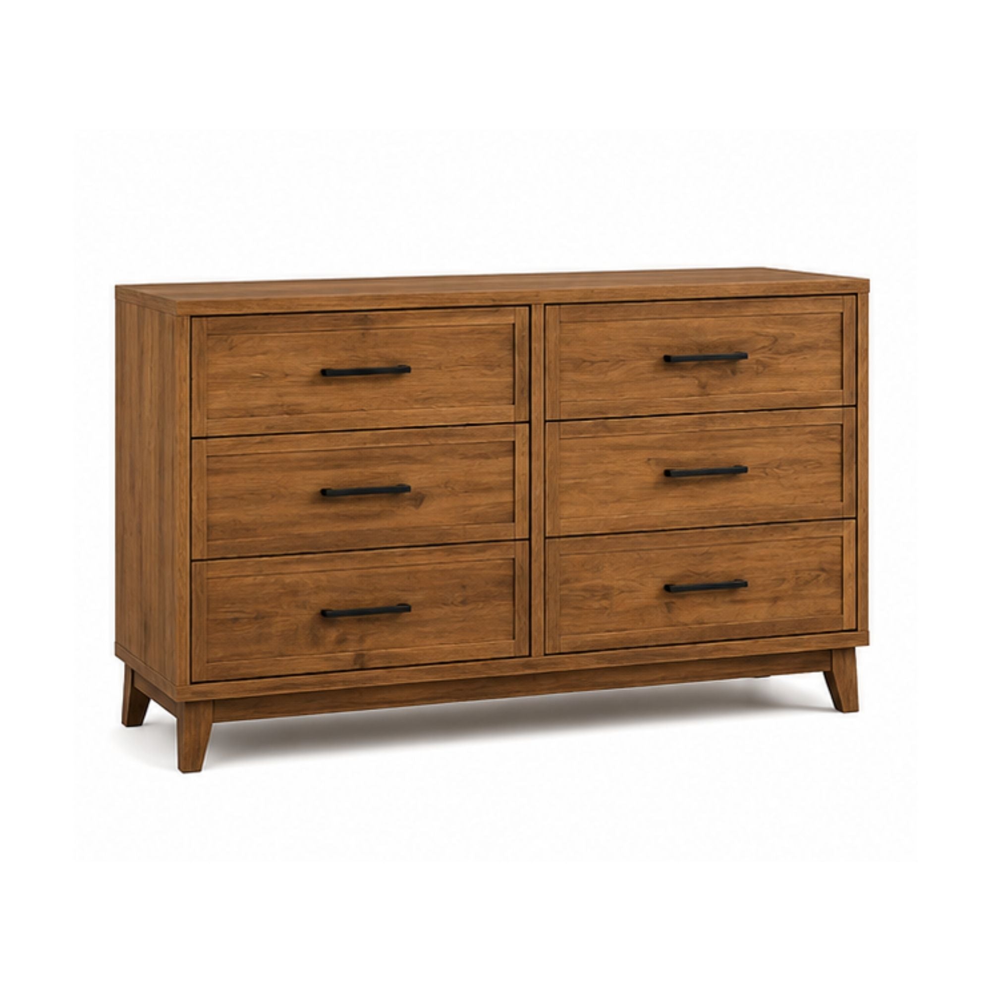 Warm Oak Six Drawer Wooden Dresser with Tapered Legs